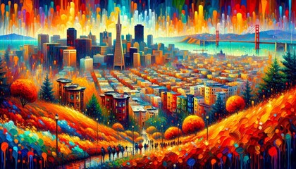 A vibrant reimagining of San Francisco, where cityscape comes alive under gentle autumn rain - obrazy, fototapety, plakaty