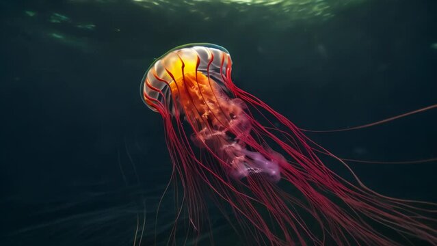 Against the backdrop of the pitch-black night sky, an ethereal jellyfish glows in a vibrant orange hue as it drifts. 
