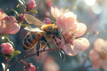 Craft a photorealistic digital painting showcasing a bee delicately gathering pollen from a blooming flower, highlighting the beauty of nature in every stroke - obrazy, fototapety, plakaty