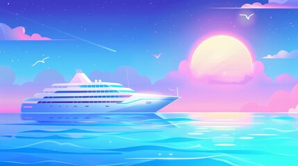 A modern white ship sailing on the blue ocean with the sun rising above the sea horizon in a dreamlike illustration of a tropic cruise.