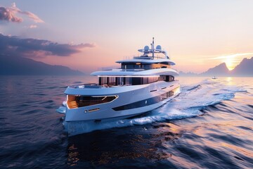 luxury modern yacht with future design glides on the ocean at sunset