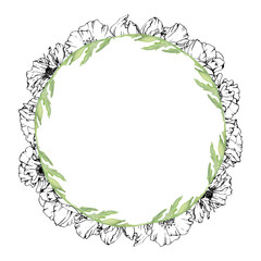 Hand drawn watercolor botanical illustration flowers leaves. Red poppy papaver, stems buds seedpods. Wreath frame isolated on white background. Design wedding, love cards, remembrance day stationery