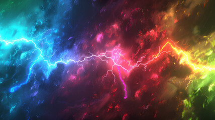 colored lightning strikes, bright neon rainbow colors