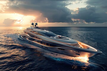 luxury modern yacht with future design glides on the ocean at sunset