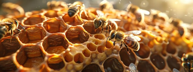 Craft a digital photorealistic rendering of a busy beehive, emphasizing the meticulous honeycomb structure and lifelike bees busily moving around