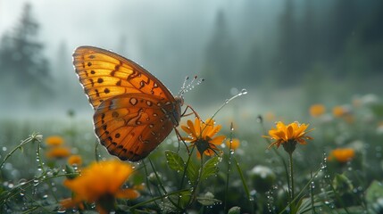 AI generated illustration of a butterfly fluttering in a field of yellow flowers in a foggy forest - obrazy, fototapety, plakaty