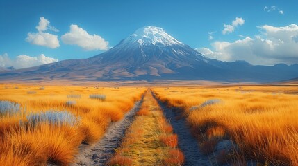 AI generated illustration of a scenic view of mountain range, dirt road, and yellow grass field