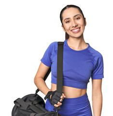 Young Caucasian athlete with gym bag