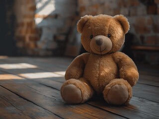 AI generated illustration of a teddy bear on a wooden floor beside a brick wall