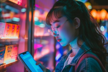 App preview over shoulder of a young girl holding an ebook with a completely neon screen