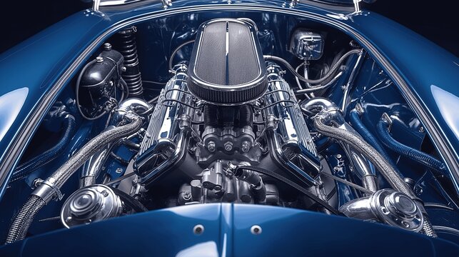 AI generated illustration of a blue car with a visible engine compartment