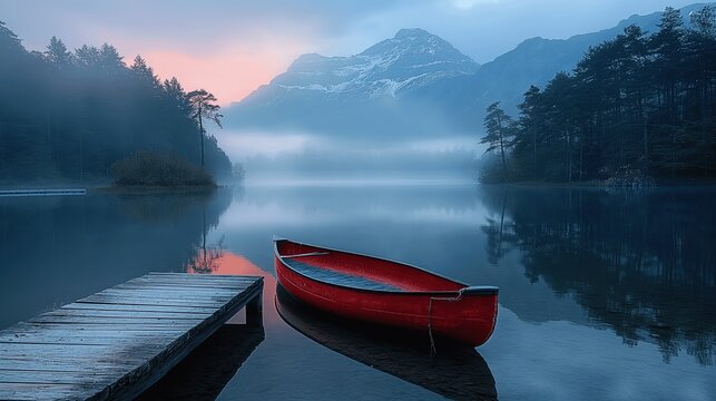 AI generated illustration of a serene mountain lake with a boat moored at the dock
