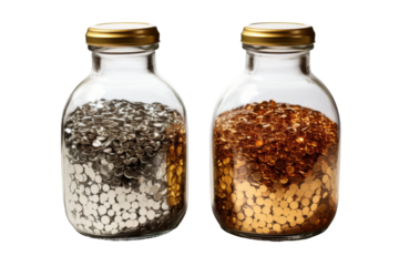 Duality of Wealth: Two Glass Jars Overflowing With Different Coins. On White or PNG Transparent Background.