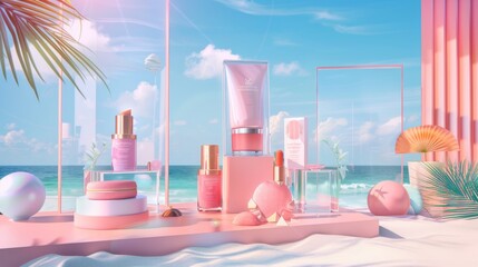 An ad template featuring a beach scene and glass divider wall, displaying 3D mockups of summer cosmetics.