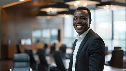 Happy african businessman smiling in office boardroom