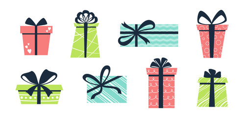Set of vector flat gift boxes isolated on white background