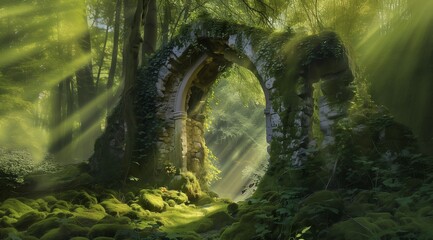 Obraz premium AI generated illustration of an overgrown stone portal in a sunlit forest