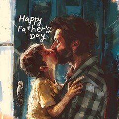 Fototapeta premium acrylic painting of boy kissing his father and wishes him a happy father's day