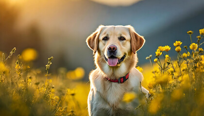 Labrador Retriever dog breed in field with yellow flowers. Cute pet, animal. Blurred backdrop.