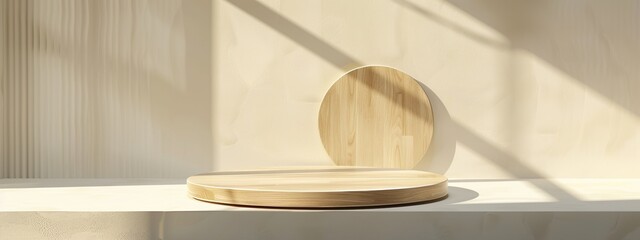 Empty podium for stand product. Cream aesthetic interior with shadow and sunlight.