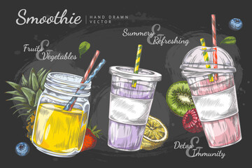 A set of fresh smoothies in the style of a sketch on a black background