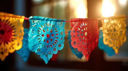 Colorful Mexican party decorations hanging on a string: Cinco de Mayo celebration - obrazy, fototapety, plakaty