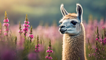 Portrait of cute lama in field with pink flowers. Farm animal. Blurred backdrop.