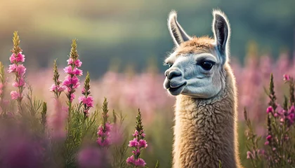  Portrait of cute lama in field with pink flowers. Farm animal. Blurred backdrop. © hardvicore