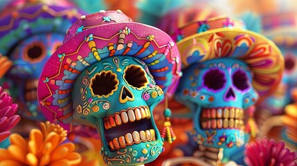 AI-generated illustration of Colorful skulls wearing hats: Cinco de Mayo celebration