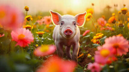 Cute, beautiful pig in a field with flowers in nature, in sunny pink rays.