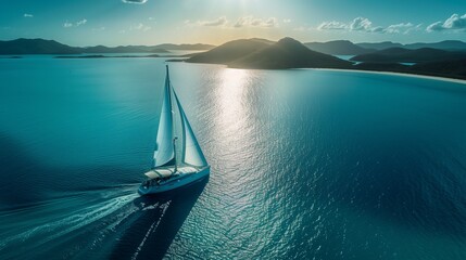 Sailboat, its sails billowing gracefully in the wind, glides through the crystal-clear waters - obrazy, fototapety, plakaty