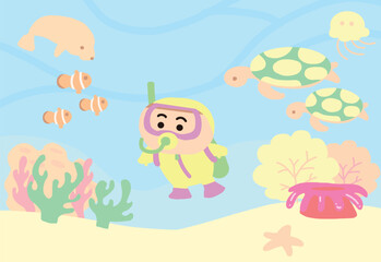 kid diving under the sea