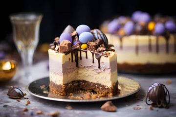 Easter Mini Egg Cheesecake, Creamy and festive cheesecake topped with mini chocolate egg - obrazy, fototapety, plakaty