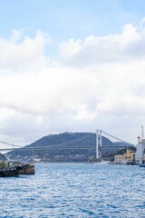 Vertical shot of a bridge over a lake near harbor with a background of a mountain