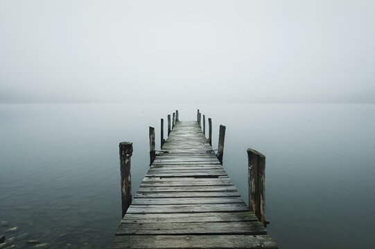 wooden jett extends into a body of water with some poles sticking out