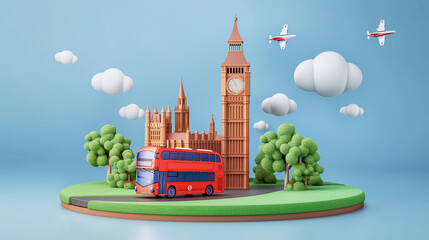 vector of famous travel destination with red bus public transportation in London with Bigben tower famous travel destination in Center city of London, Great Britain, England, Europe - obrazy, fototapety, plakaty