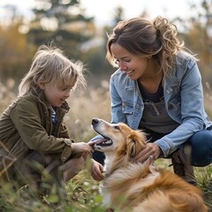 Woman and Child Petting Dog in Field