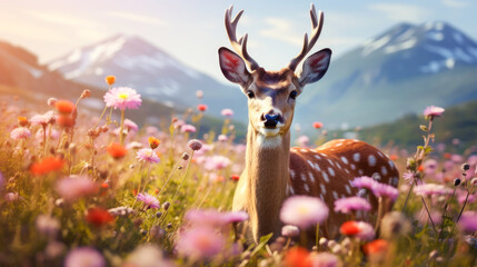Cute, beautiful deer in a field with flowers in nature, in sunny pink rays.