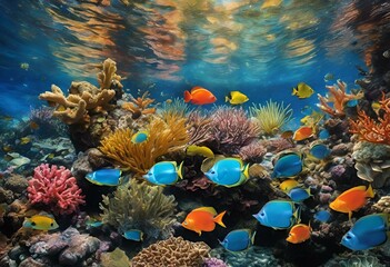an underwater coral reef with colorful fish swimming around it, in front of the sun