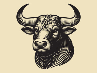 Bull head. Face, portrait. Vintage retro engraving illustration. Black icon, isolated element	