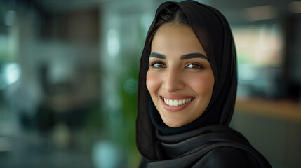 A smiling Arab businesswoman Wearing UAE Emirati Traditional Dress, black abaya, stands  in her office, Arabian Pretty Woman in the Emirates, generative ai. - obrazy, fototapety, plakaty