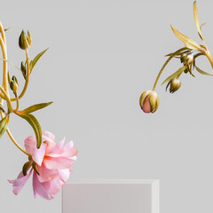 White podium object display template. Minimalistic stage for product presentation with a beautiful flower, 3d rendering