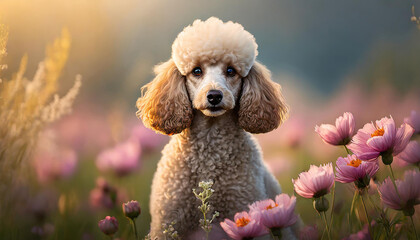 Portrait of poodle dog breed in field with pink flowers. Cute pet. Domestic animal. Blurred backdrop