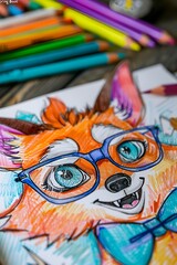 AI generated illustration of a colorful drawing of a fox with glasses