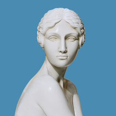 Woman statue, female Greek goddess sculpture 3d rendering isolated on blue background - 785153293