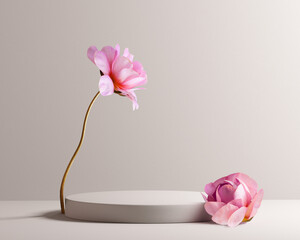 Beige podium object display template. Minimalistic stage for product presentation with a beautiful flower, 3d rendering