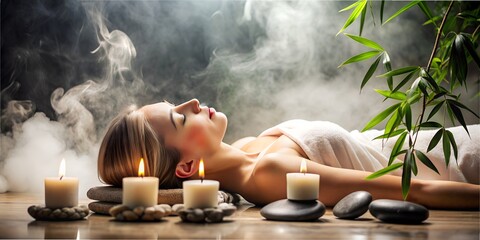 a woman lies in a spa, stones lie dark and steam everywhere, bamboo and candles generated by AI, spa, woman relaxing, sleep, meditation,