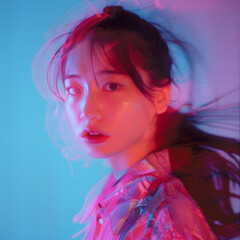 Fototapeta premium 彩光に包まれて、静かなる表情のアジア人女性