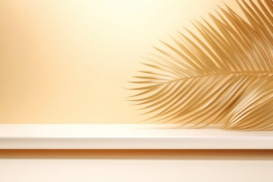 Gold background with palm leaf shadow and white wooden table for product display, summer concept. Vector illustration, isolated on pastel background