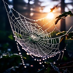 AI illustration of water droplets adorn a spider web in a dark forest at sunrise